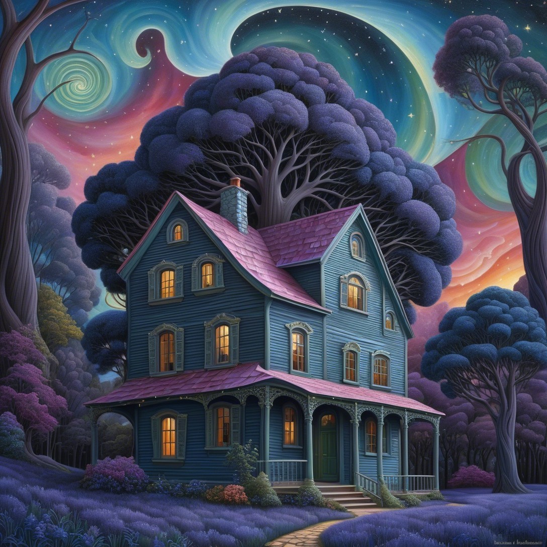 Whimsical Blue House Under a Cosmic Night Sky