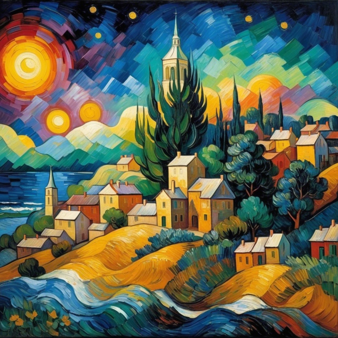 Coastal Village with Colorful Houses and Scenic Landscape