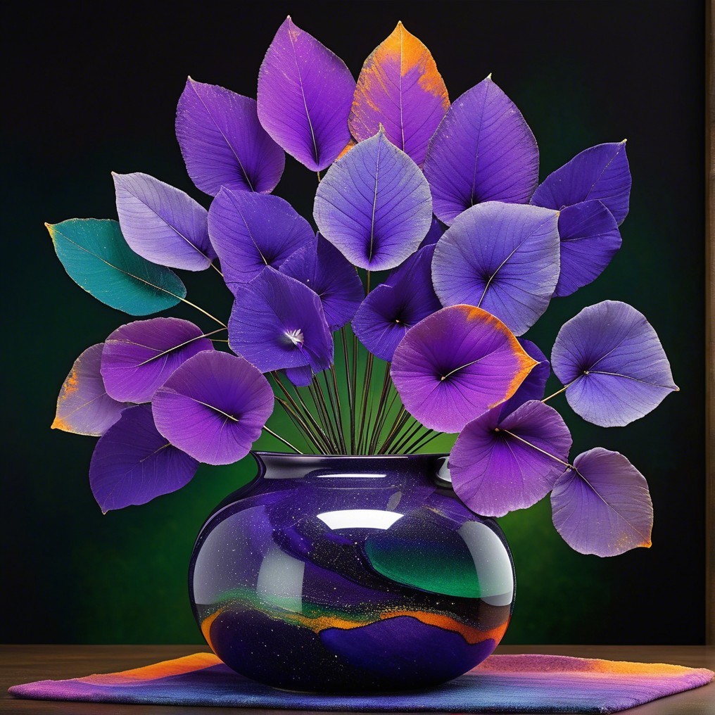 Vase with Purple Leaves and Colorful Swirling Design