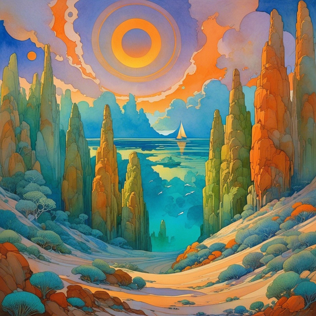Vibrant Landscape with Towering Rock Formations and Water