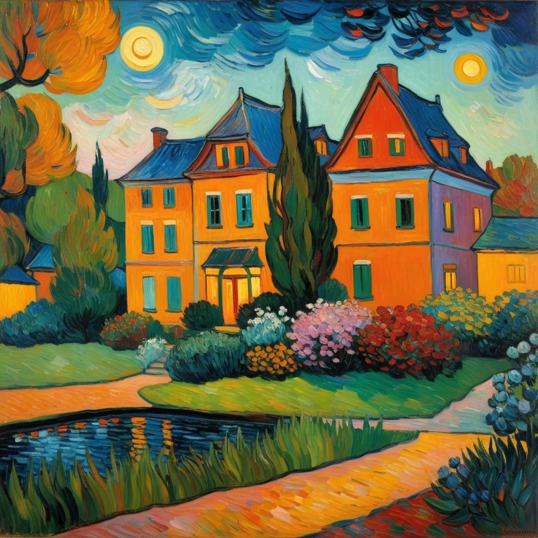 Vibrant Landscape with Colorful House and Pond