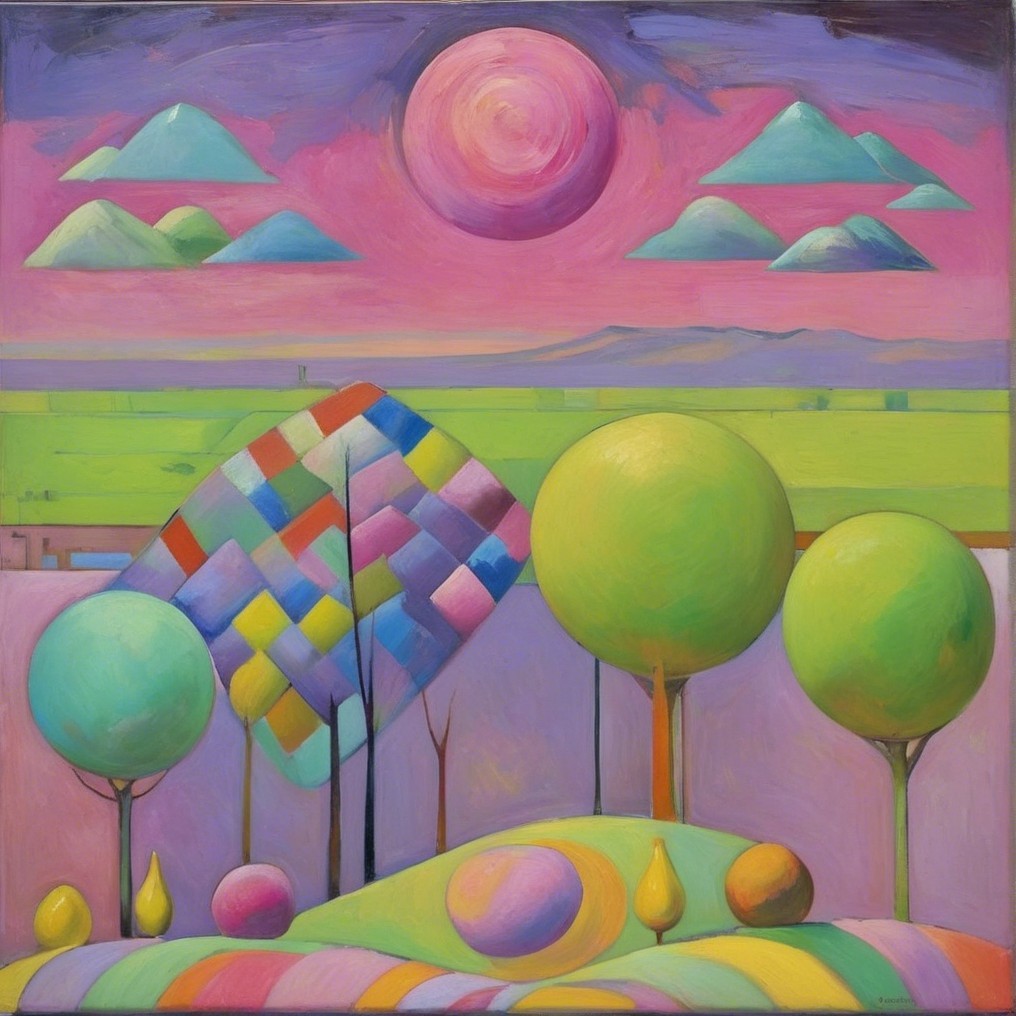 Vibrant Landscape with Geometric Shapes and Patterns