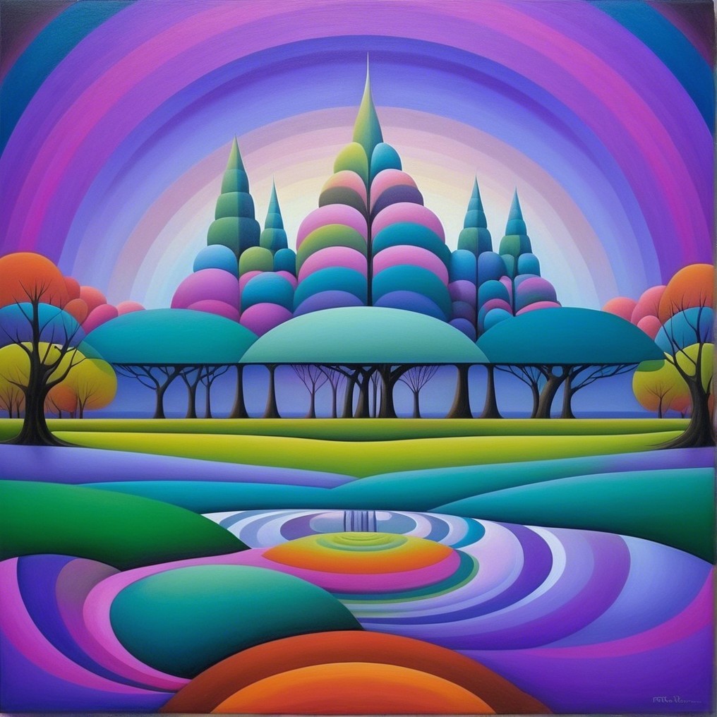 Abstract Landscape with Colorful Cone-Shaped Trees