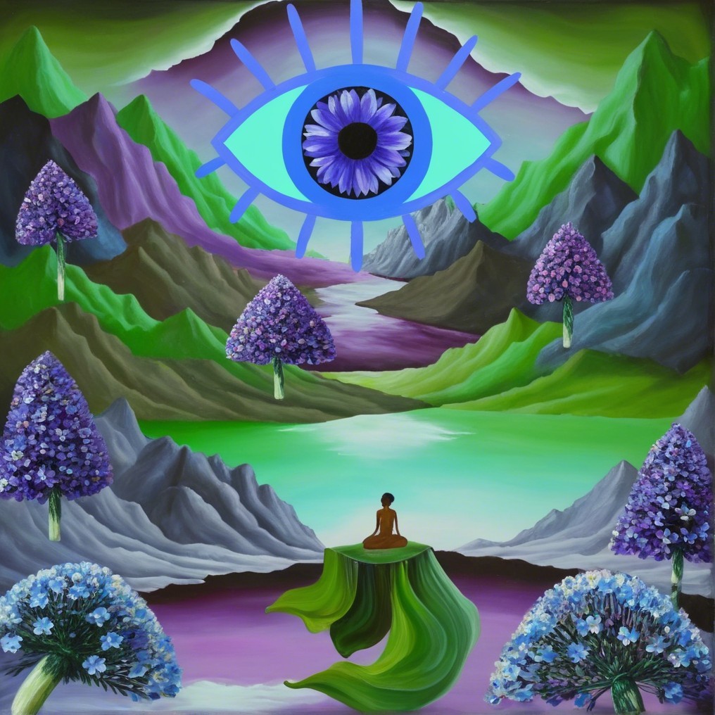 Serene landscape with purple mountains and meditation scene