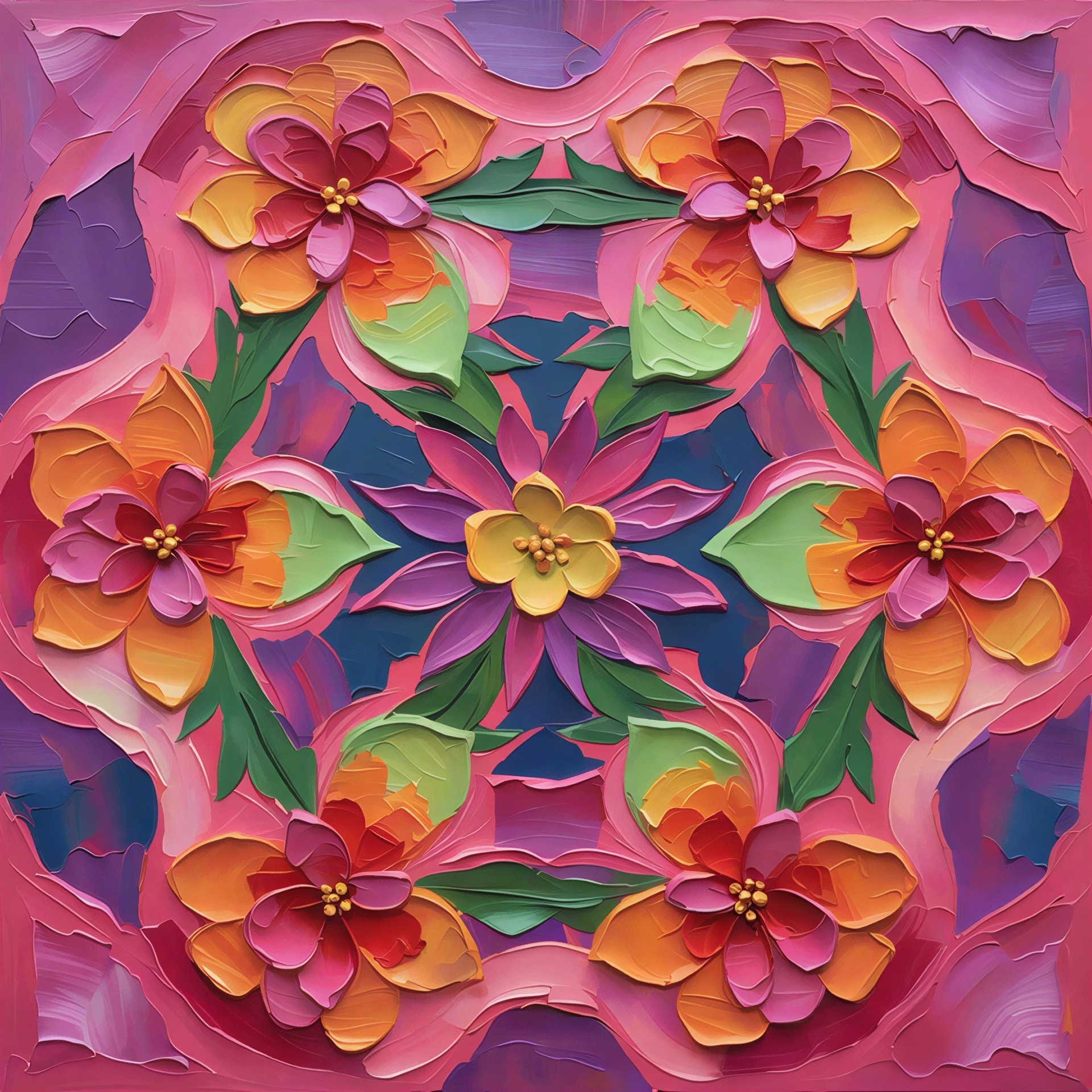 Vibrant Oil Painting of Symmetrical Flower Pattern