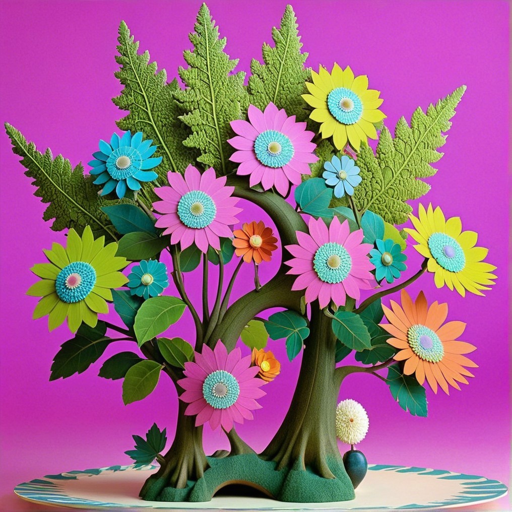 Whimsical Paper Sculpture of a Colorful Tree and Flowers