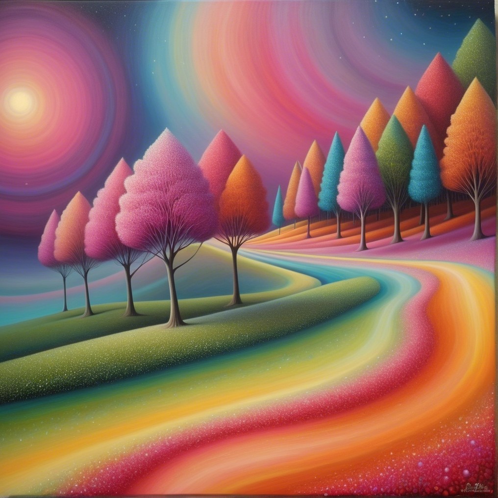Vibrant landscape with whimsical colorful trees and sky