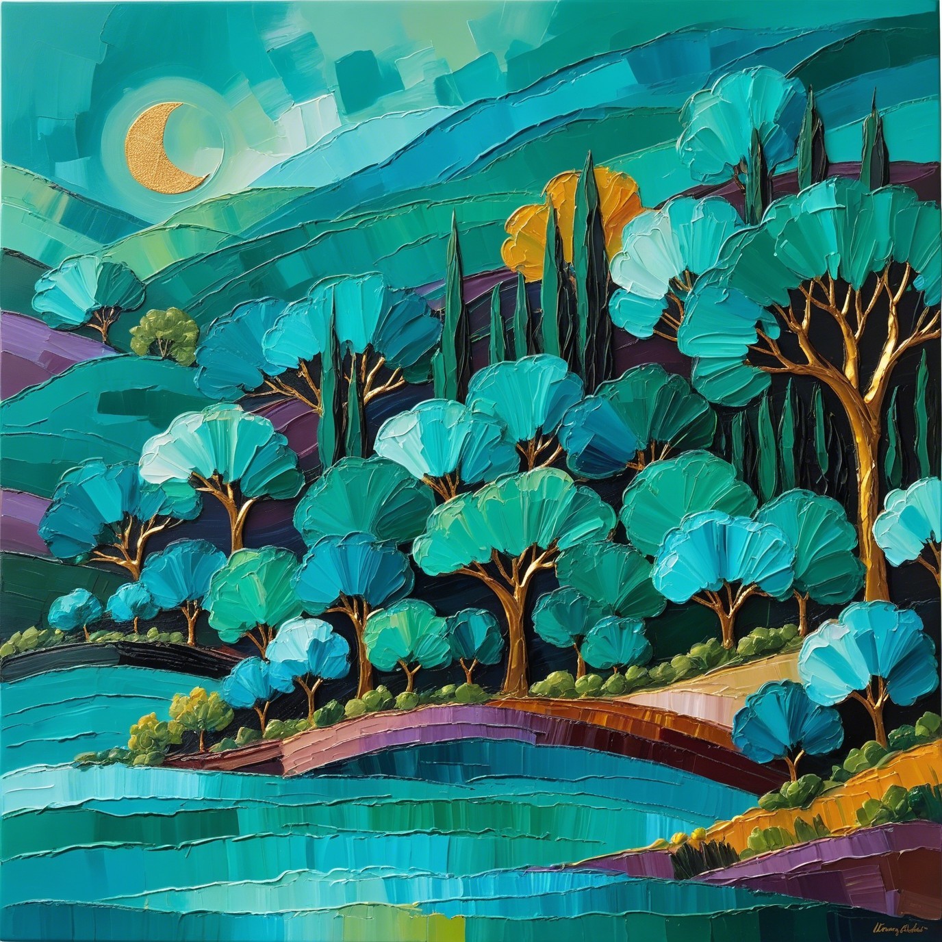 Vibrant Impressionistic Landscape with Textured Trees
