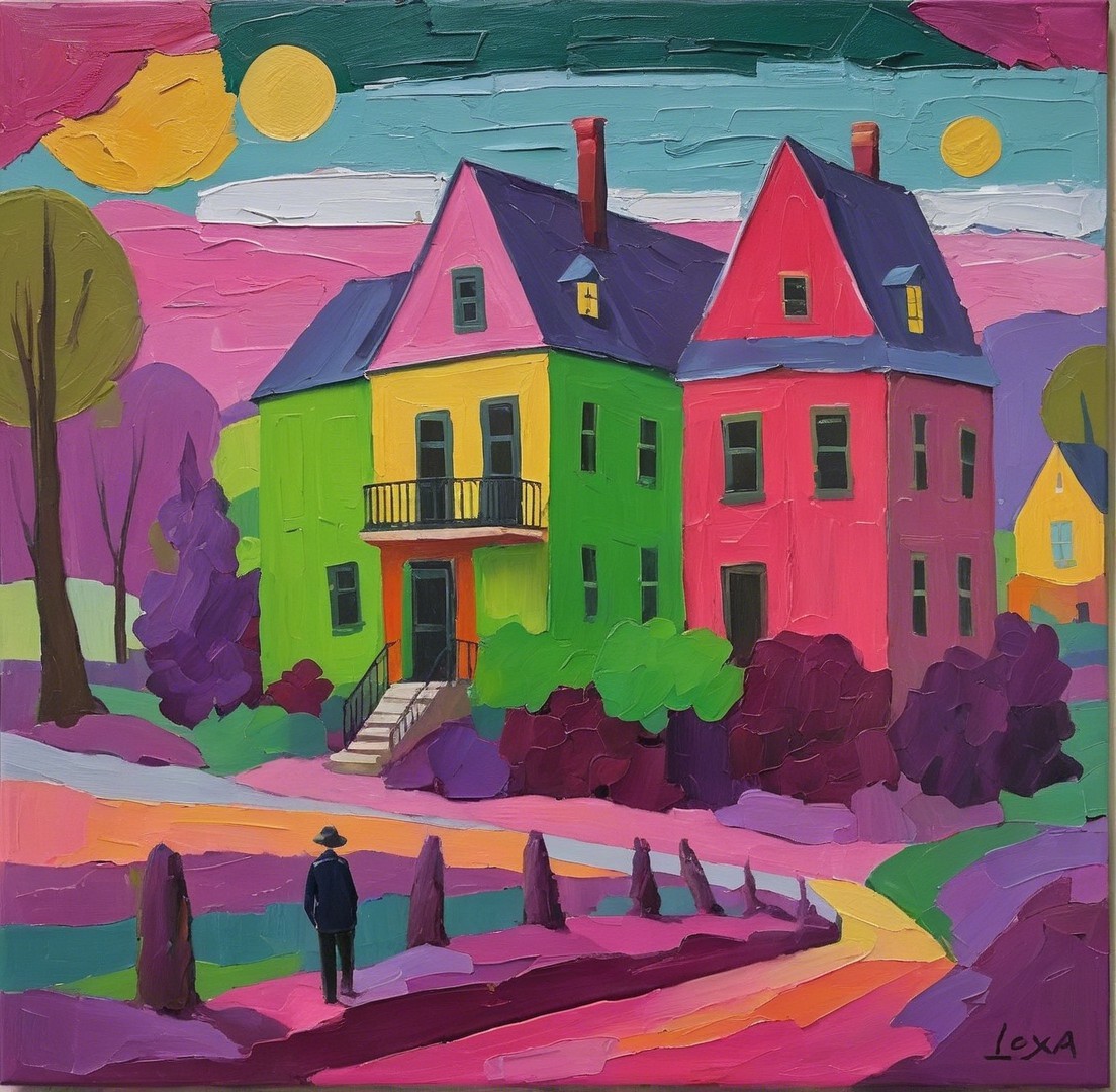 Colorful Painting of Houses in Surreal Landscape
