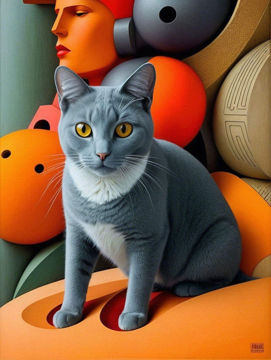 Gray Cat with Golden Eyes and Abstract Background
