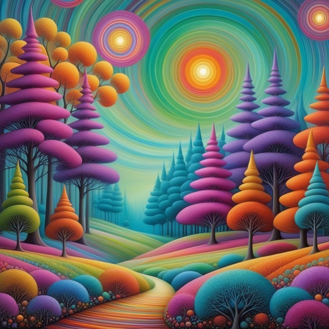 Psychedelic Forest Scene with Vibrant Colors and Shapes