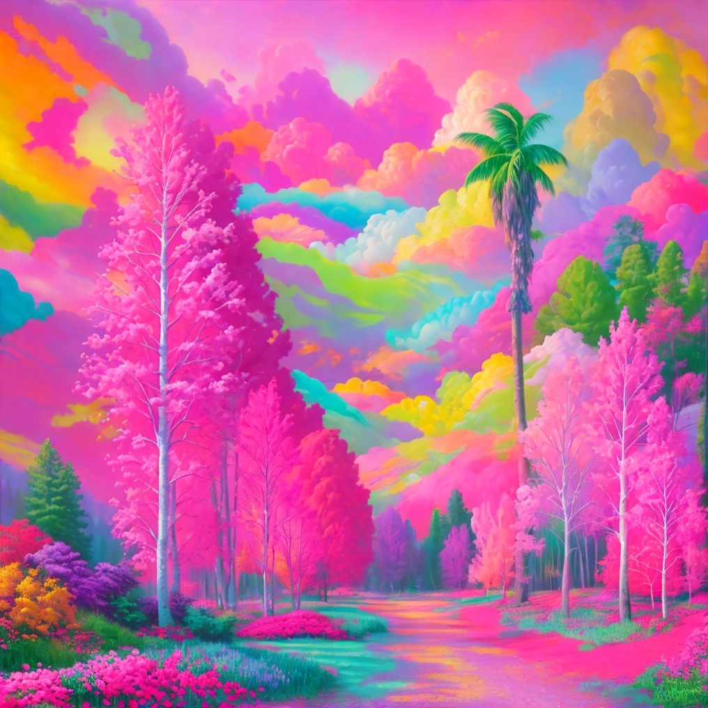 Surreal Landscape with Colorful Trees and Flowers