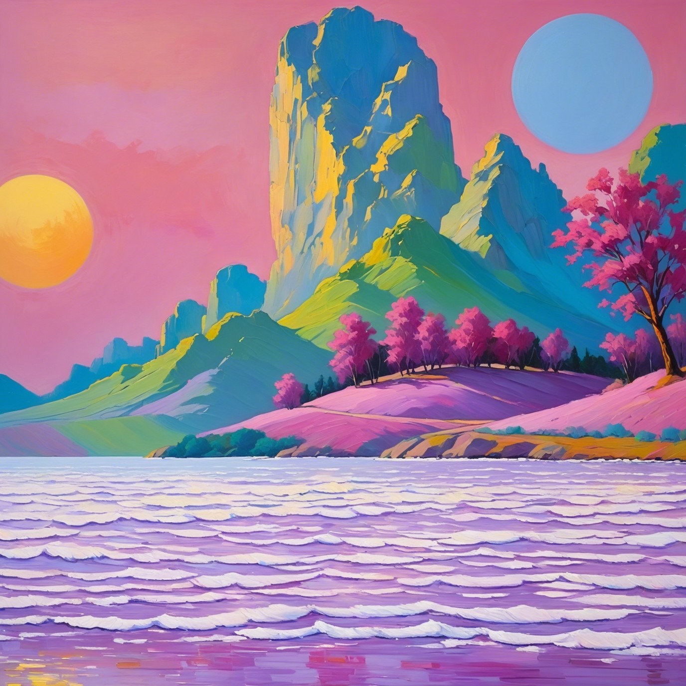 Whimsical Alien Landscape with Sunset and Water