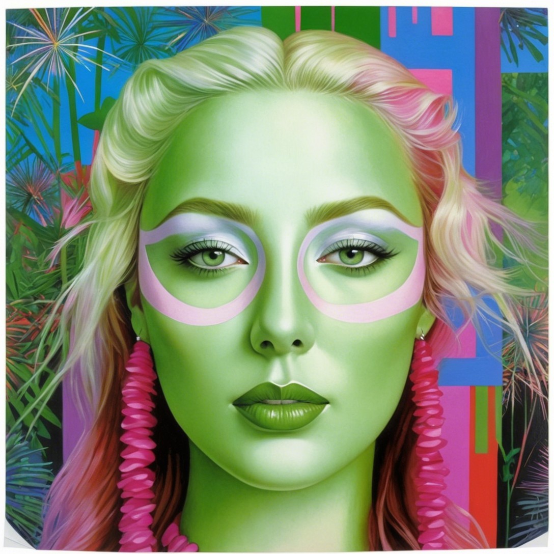 Vibrant portrait of a woman with green skin and bold makeup