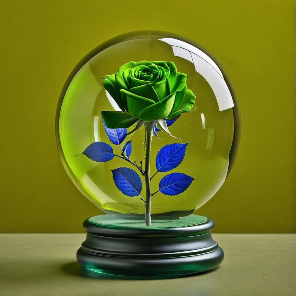 Glass Dome Displaying Blue Rose on Green Base