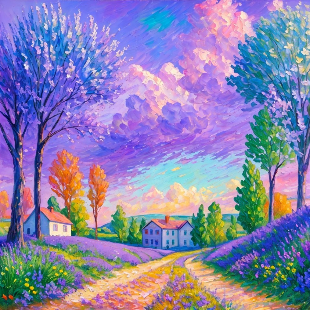Vibrant Landscape with Lavender Fields and Blossoming Trees