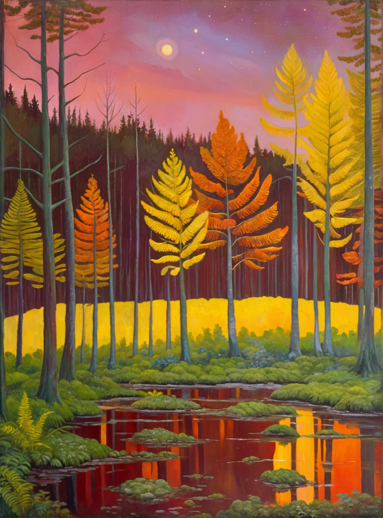 Vibrant Landscape with Colorful Trees and Twilight Sky