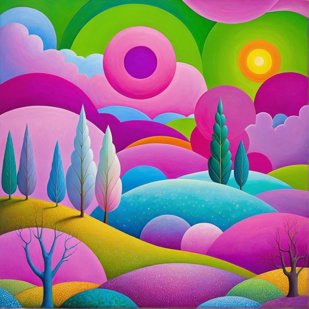 Surreal Landscape with Colorful Hills and Trees