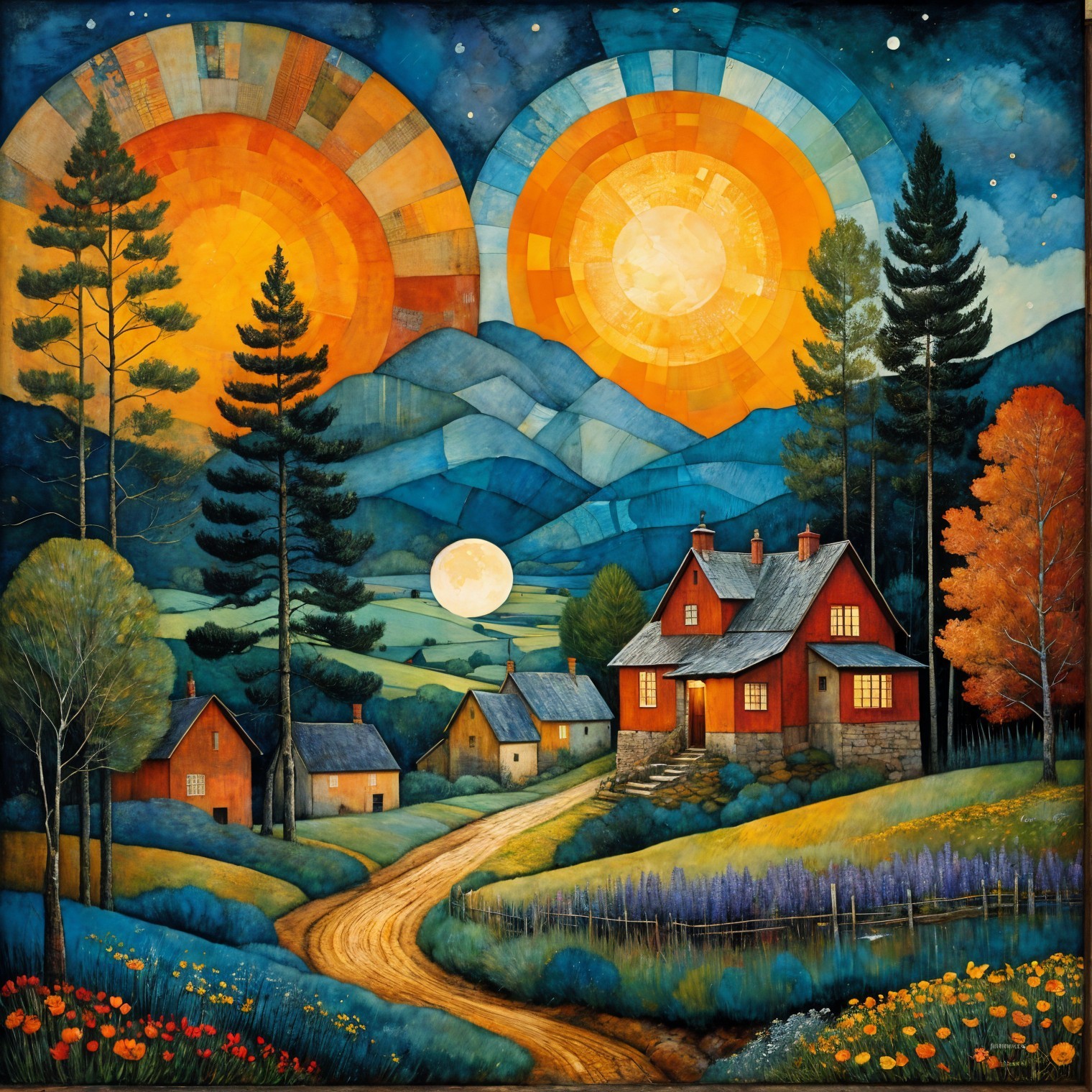 Vibrant landscape with two suns and charming village scene