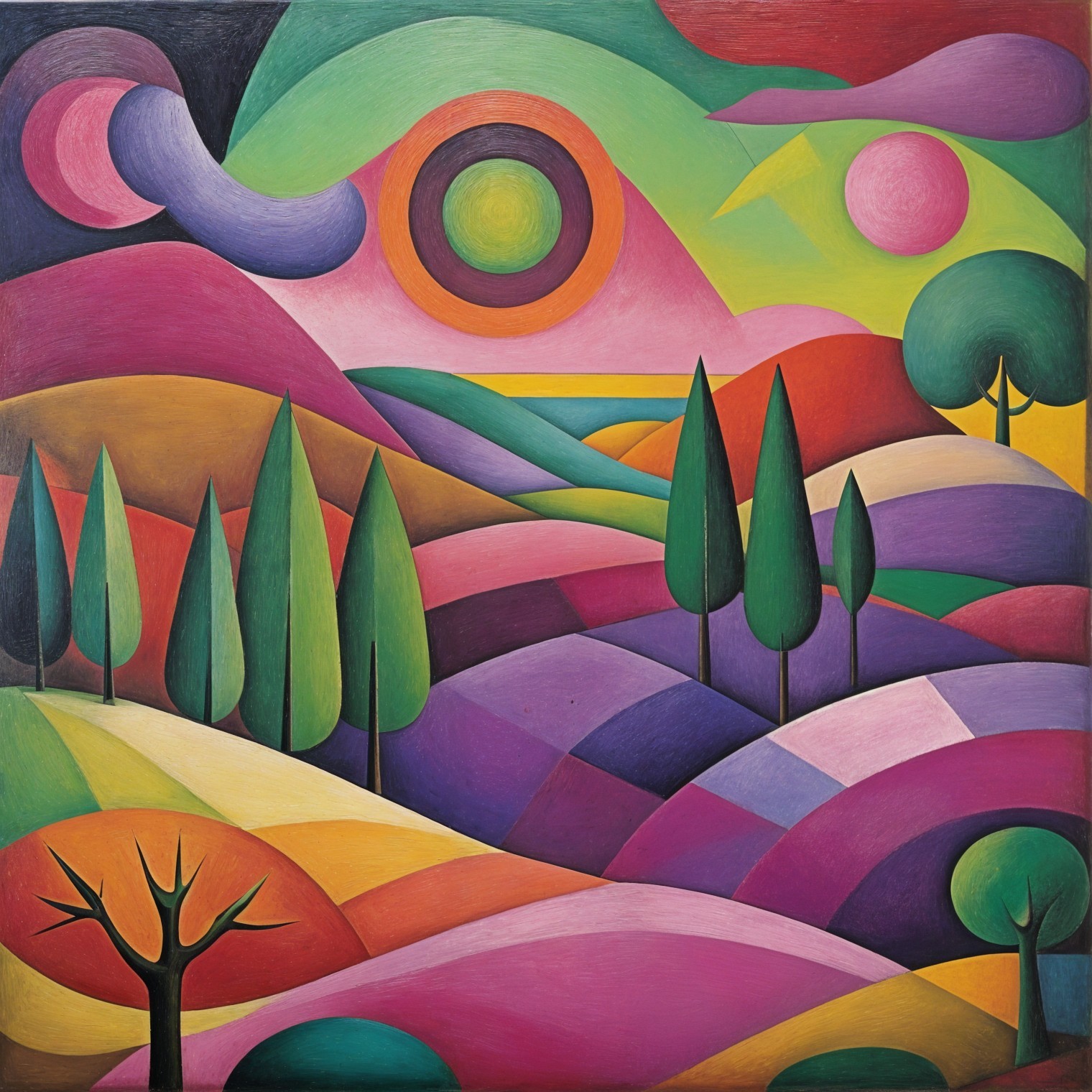 Vibrant Abstract Landscape with Swirling Colors and Shapes
