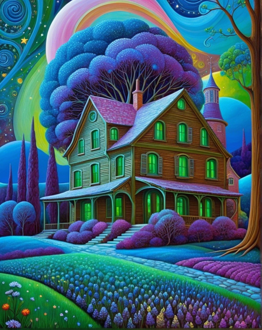 Whimsical Colorful House Under Vibrant Galaxy Sky