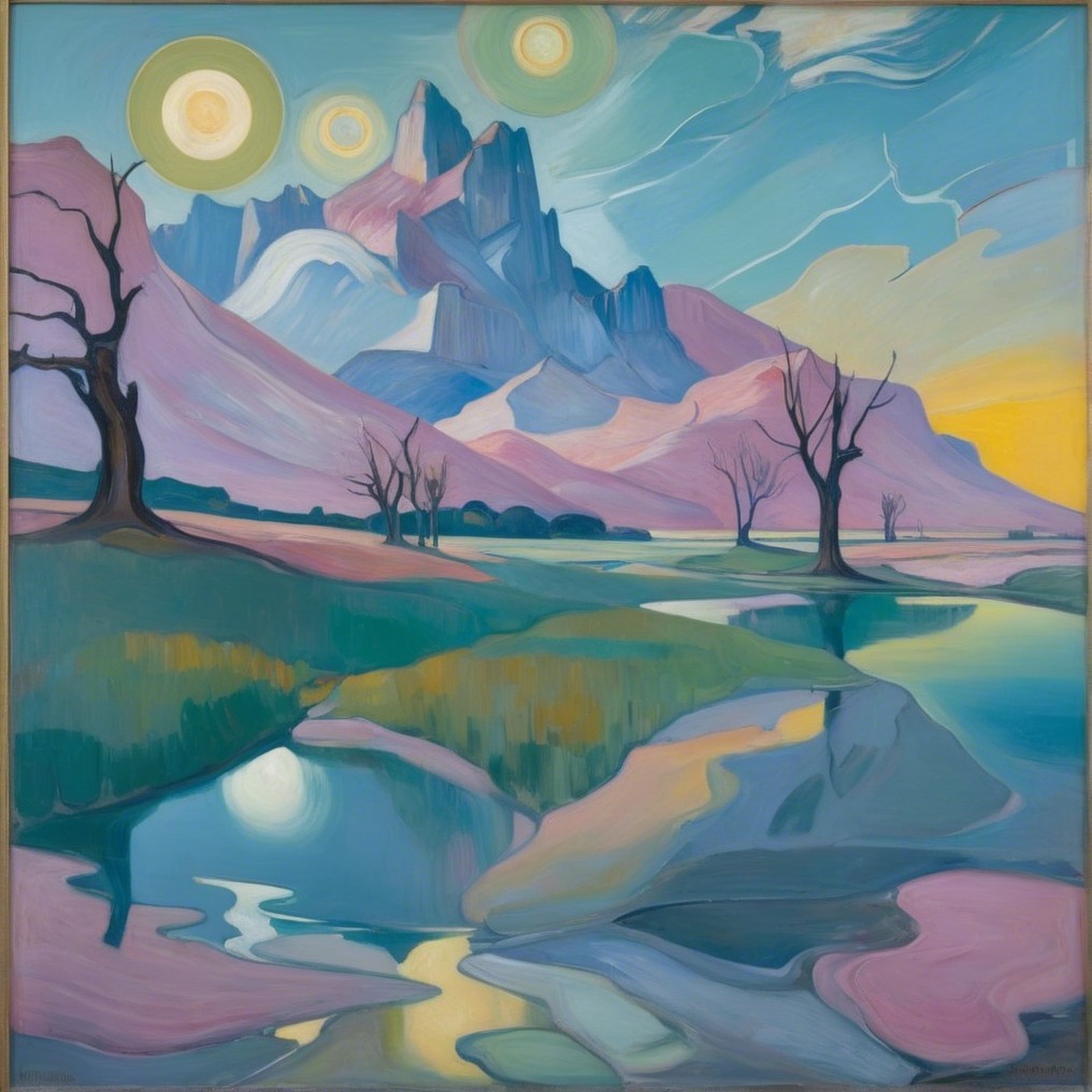 Vibrant Abstract Landscape with Pastel Mountains and River