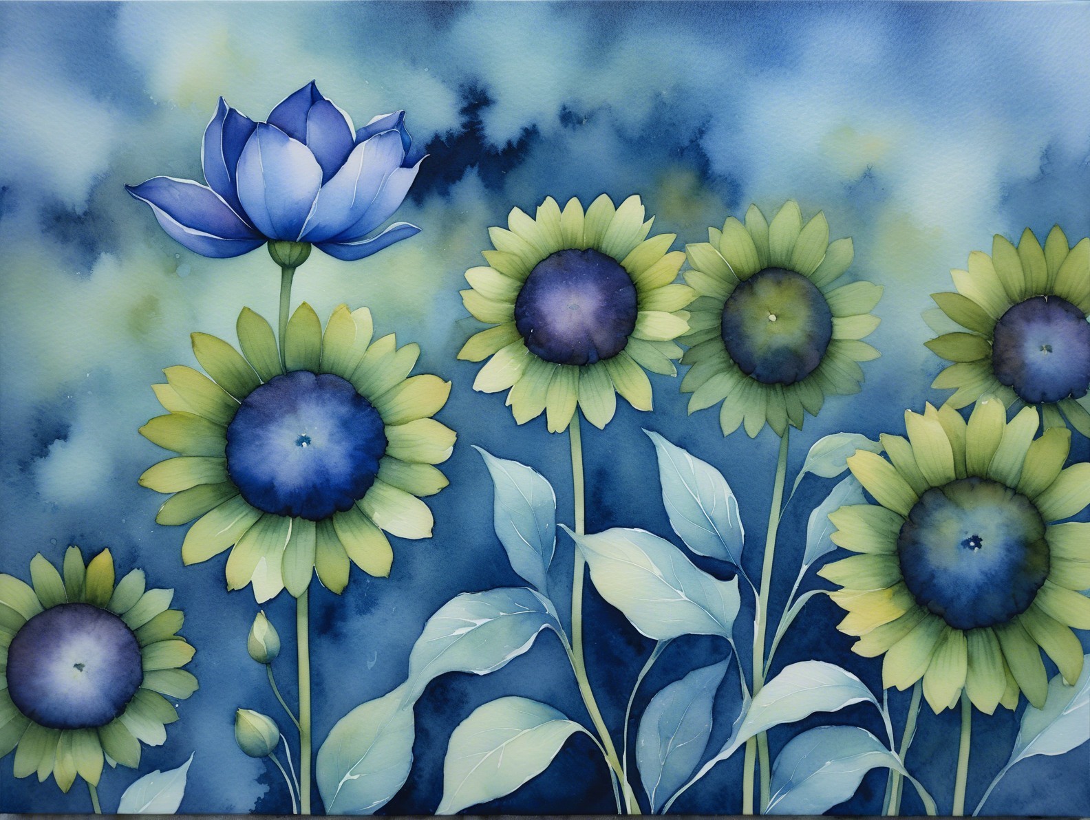 Surreal Watercolor of Sunflowers and Blue Lotus Flower