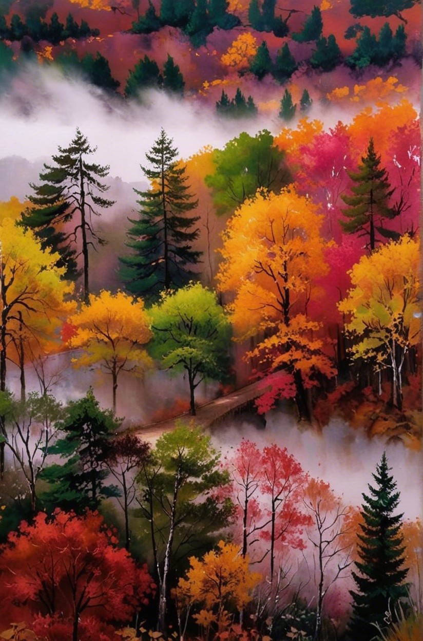 Autumn Landscape with Vibrant Foliage and Fog