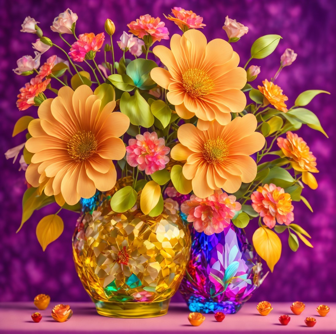 Vibrant Floral Arrangement with Colorful Vases