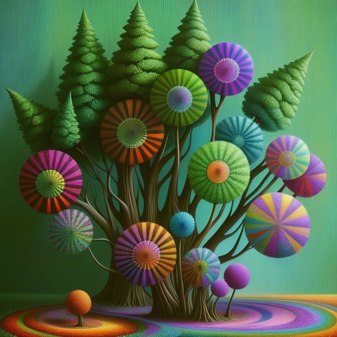 Vibrant Whimsical Tree with Colorful Spiral Foliage