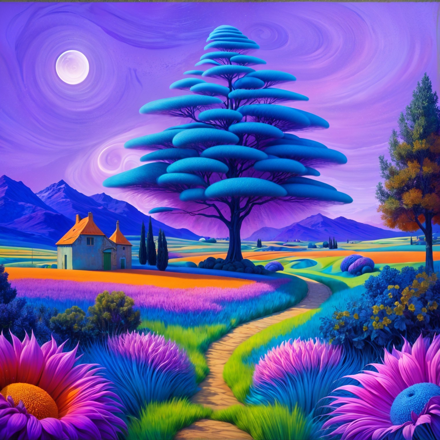 Surreal Landscape with Colorful Tree and Flowers