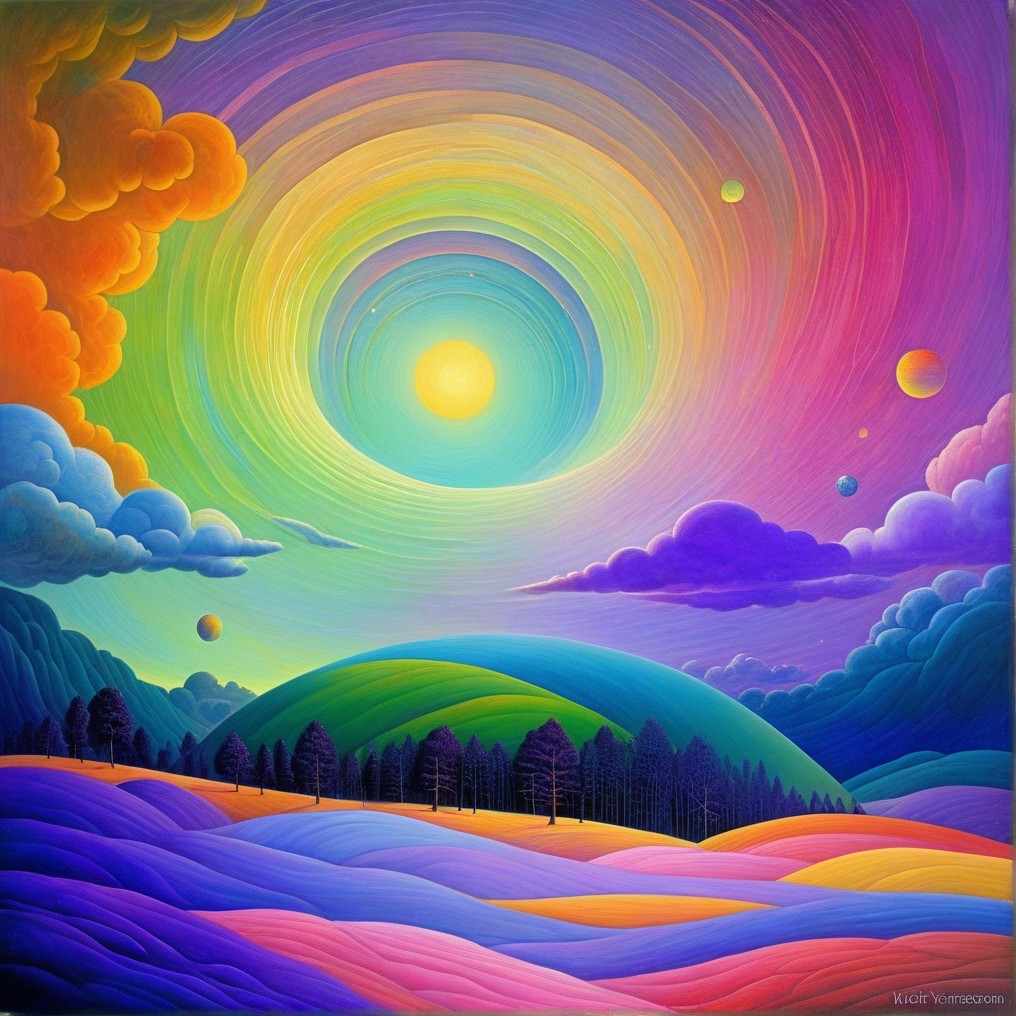 Surreal Landscape with Colorful Hills and Sky