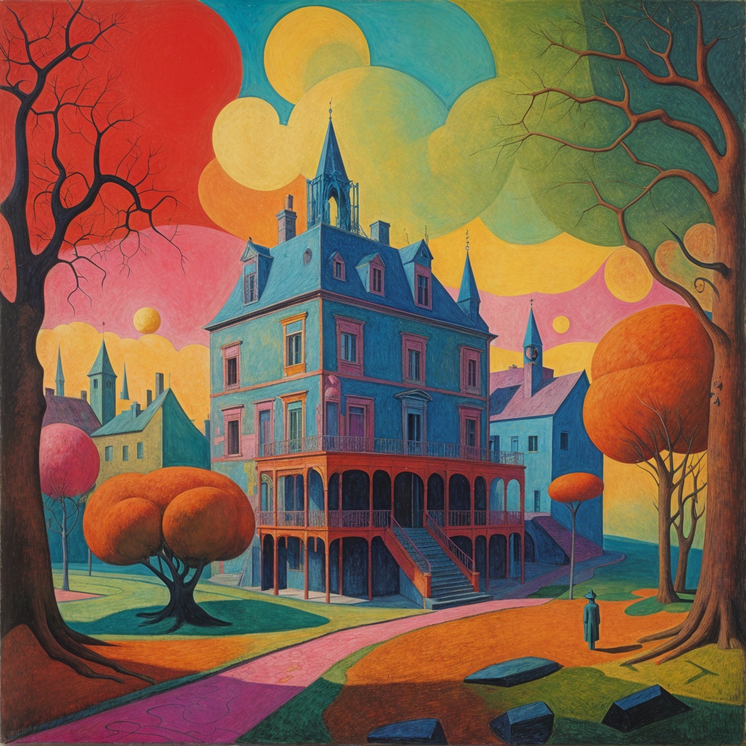 Surreal Landscape with Whimsical Mansion and Colors