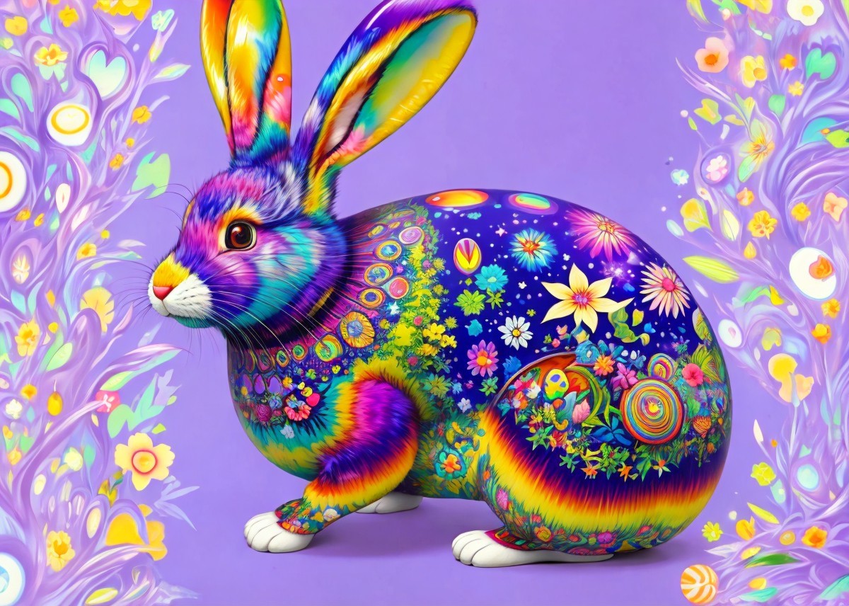 Vibrant Multicolored Rabbit with Floral Patterns