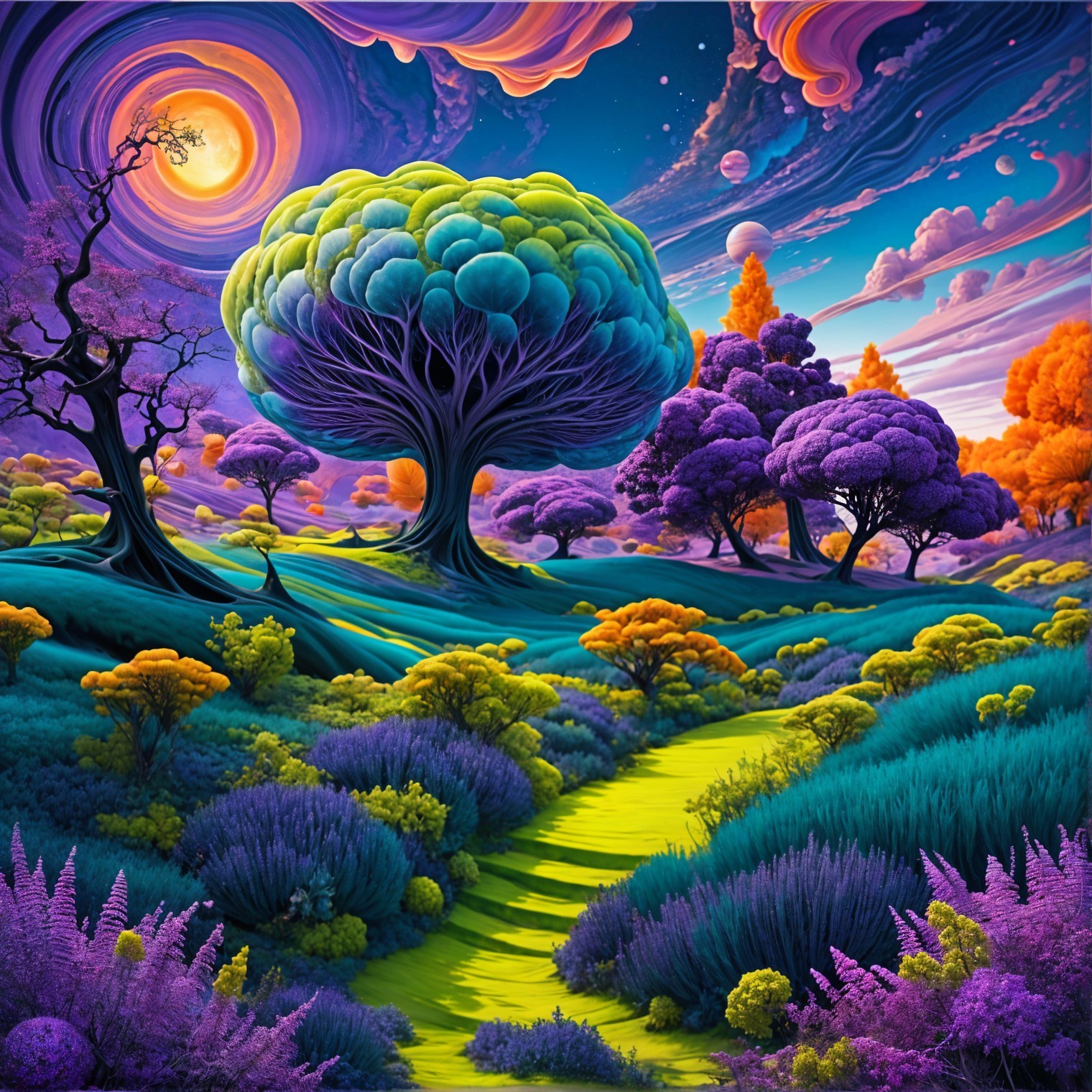 Surreal Landscape with Luminous Path and Colorful Foliage