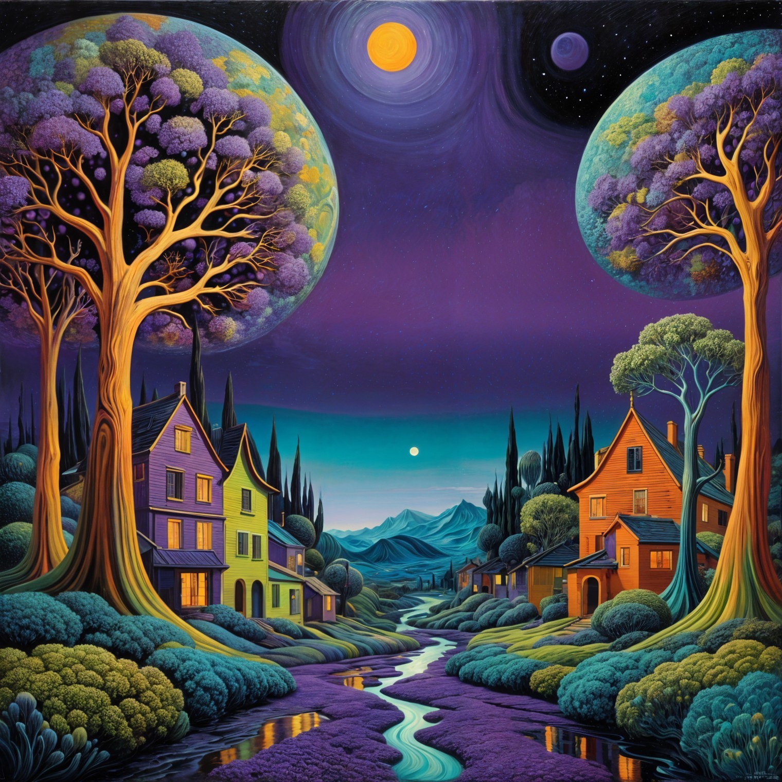 Surreal Landscape with Colorful Houses and Celestial Bodies
