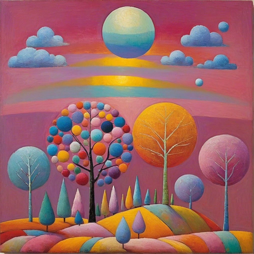 Vibrant landscape with whimsical trees and colorful sky