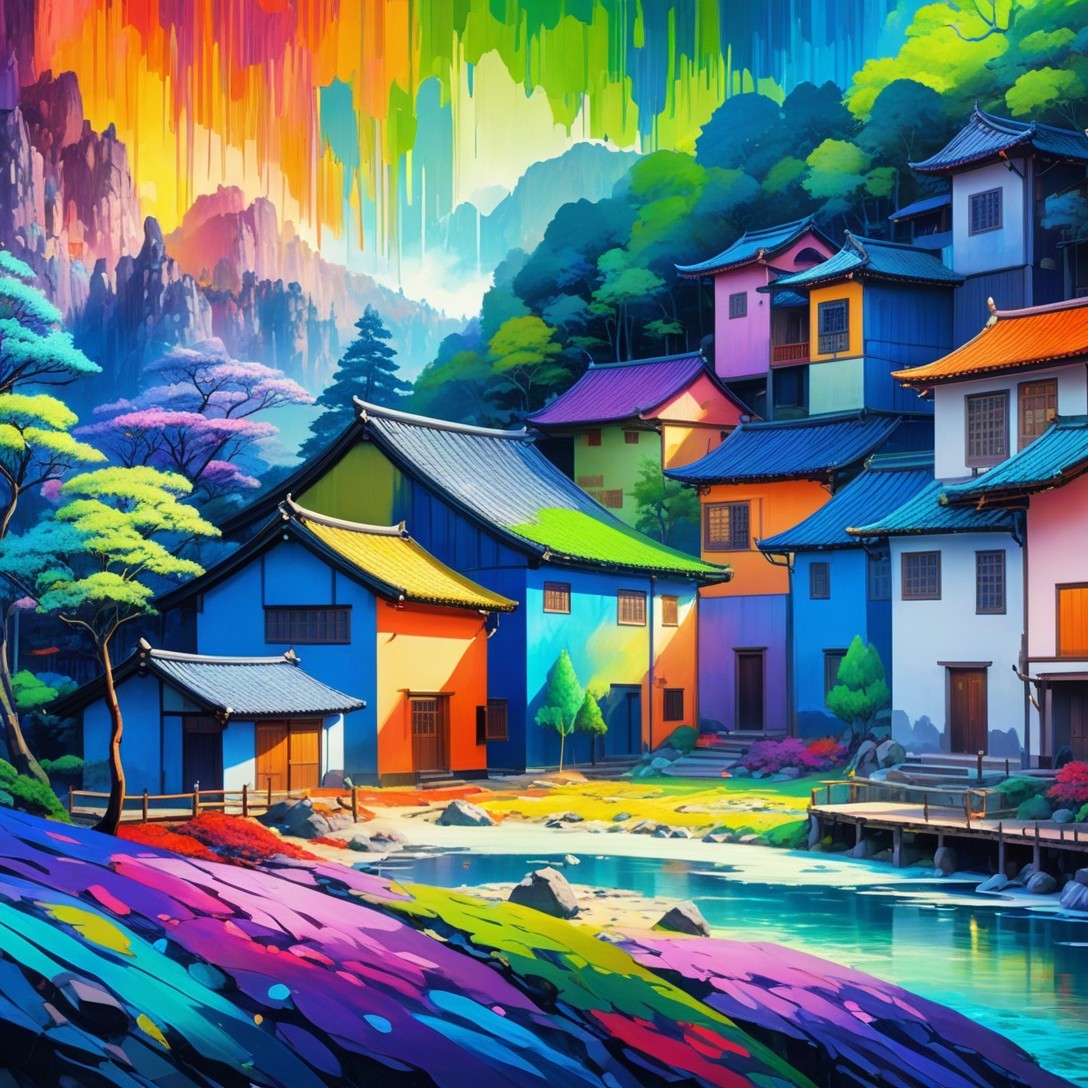 Colorful Village Scene with Mountains and Rainbow