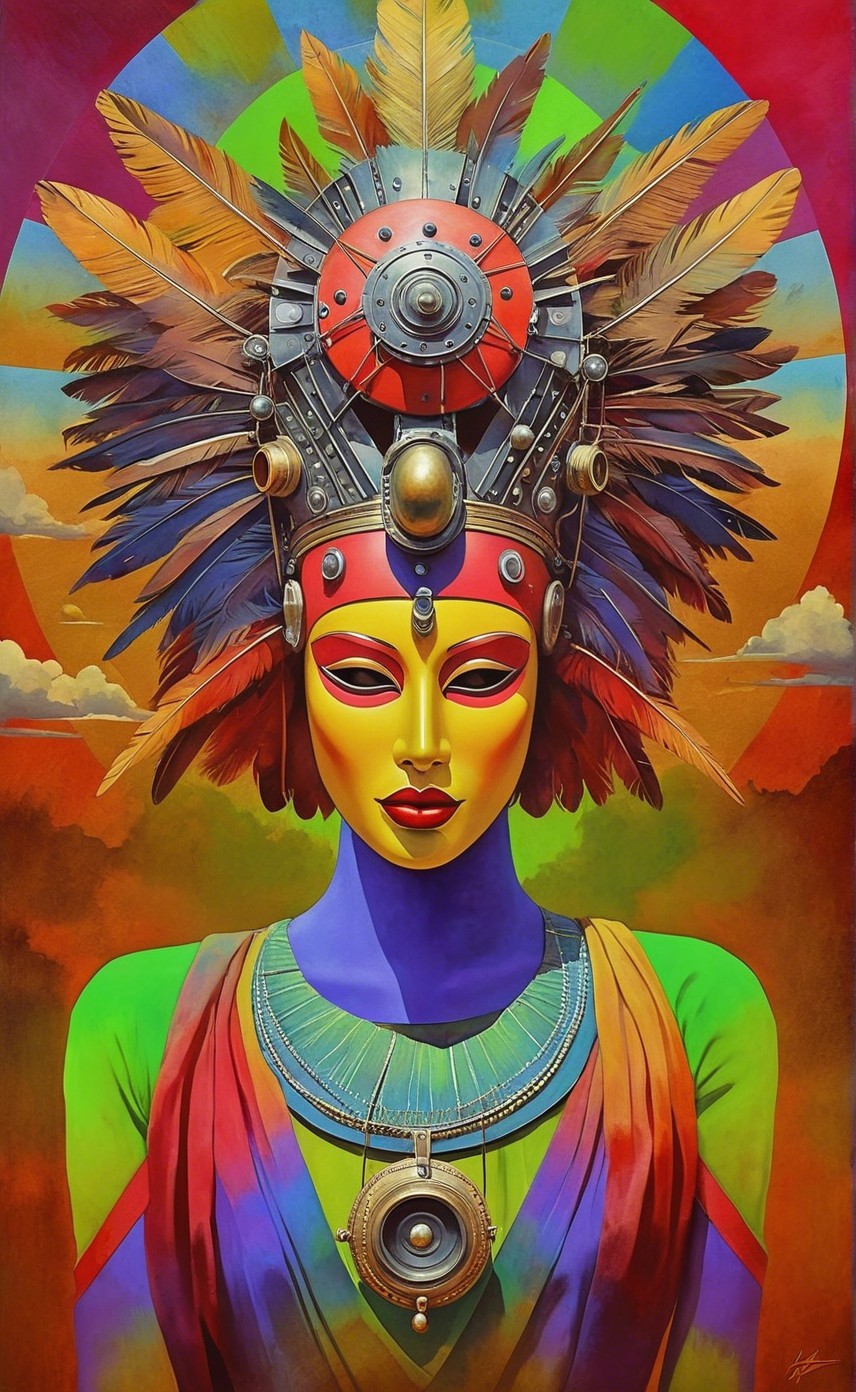 Vibrant Portrait of a Woman with Feather Headdress