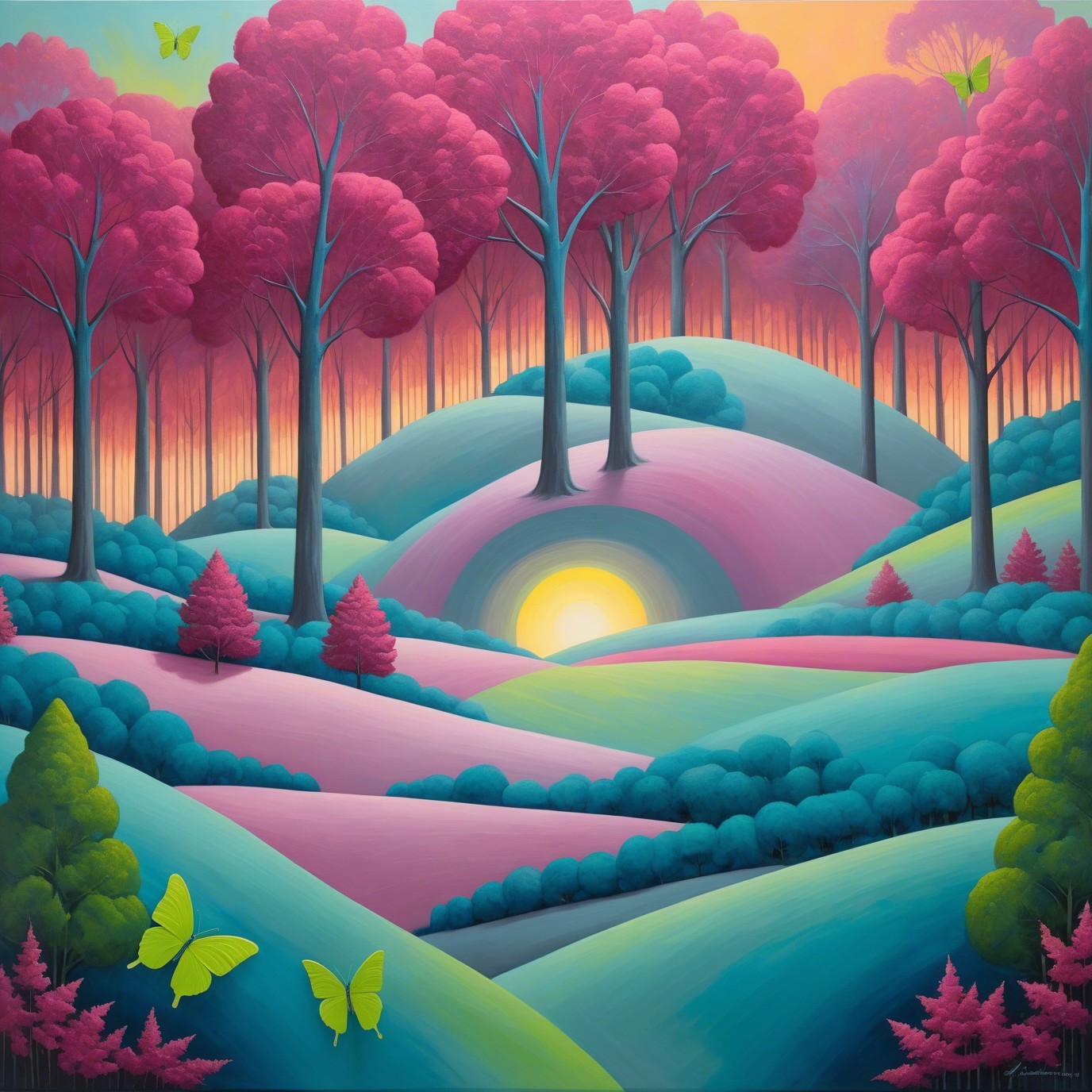 Whimsical Landscape with Colorful Rolling Hills and Trees