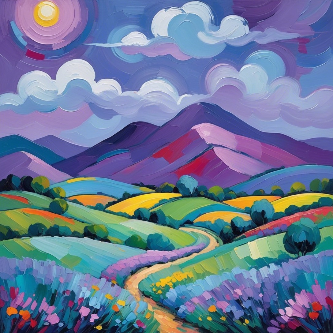 Impressionistic Landscape with Vibrant Hills and Mountains