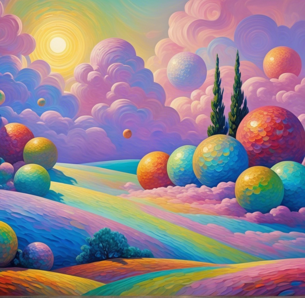 Vibrant Pastel Landscape with Floating Spheres and Sun