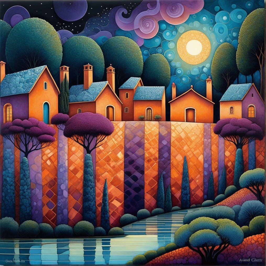 Vibrant Landscape with Colorful Houses and Moonlight