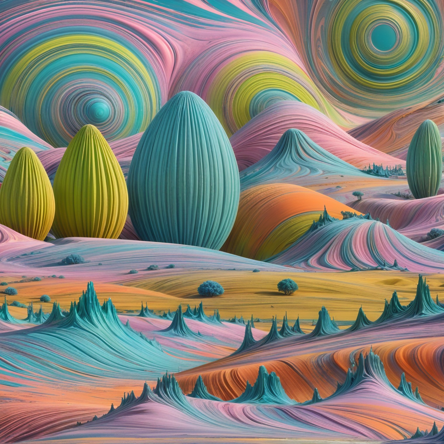 Surreal Landscape with Vibrant Colors and Abstract Shapes