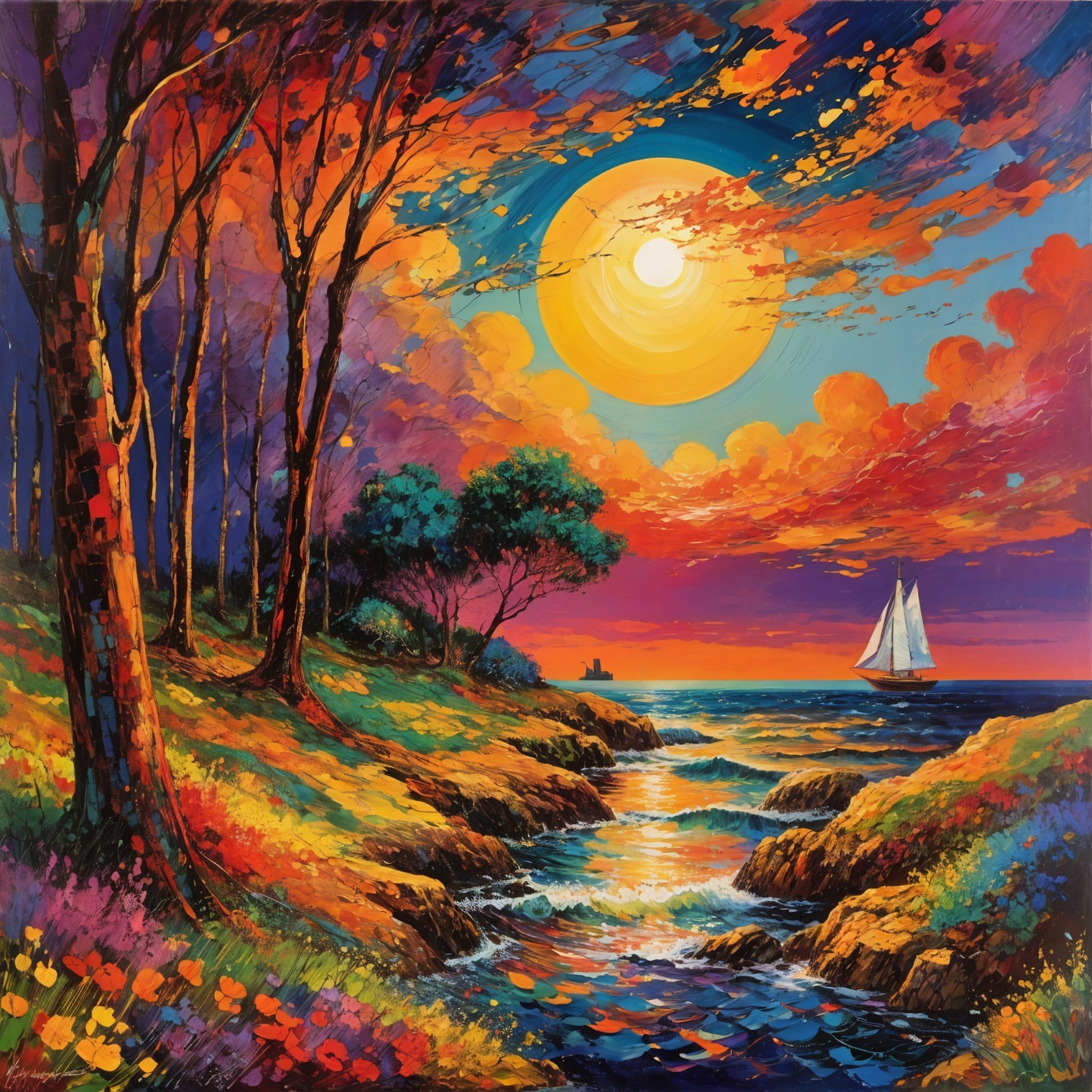 Vibrant Sunset Over Serene Seascape with Sailboat