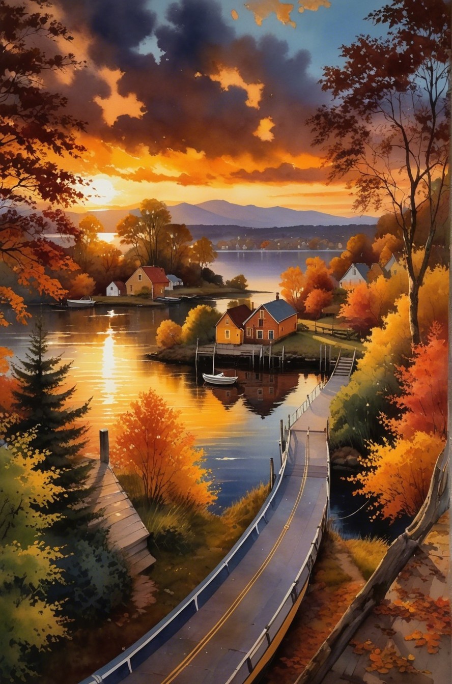 Autumn Landscape with Winding Road and Tranquil Lake