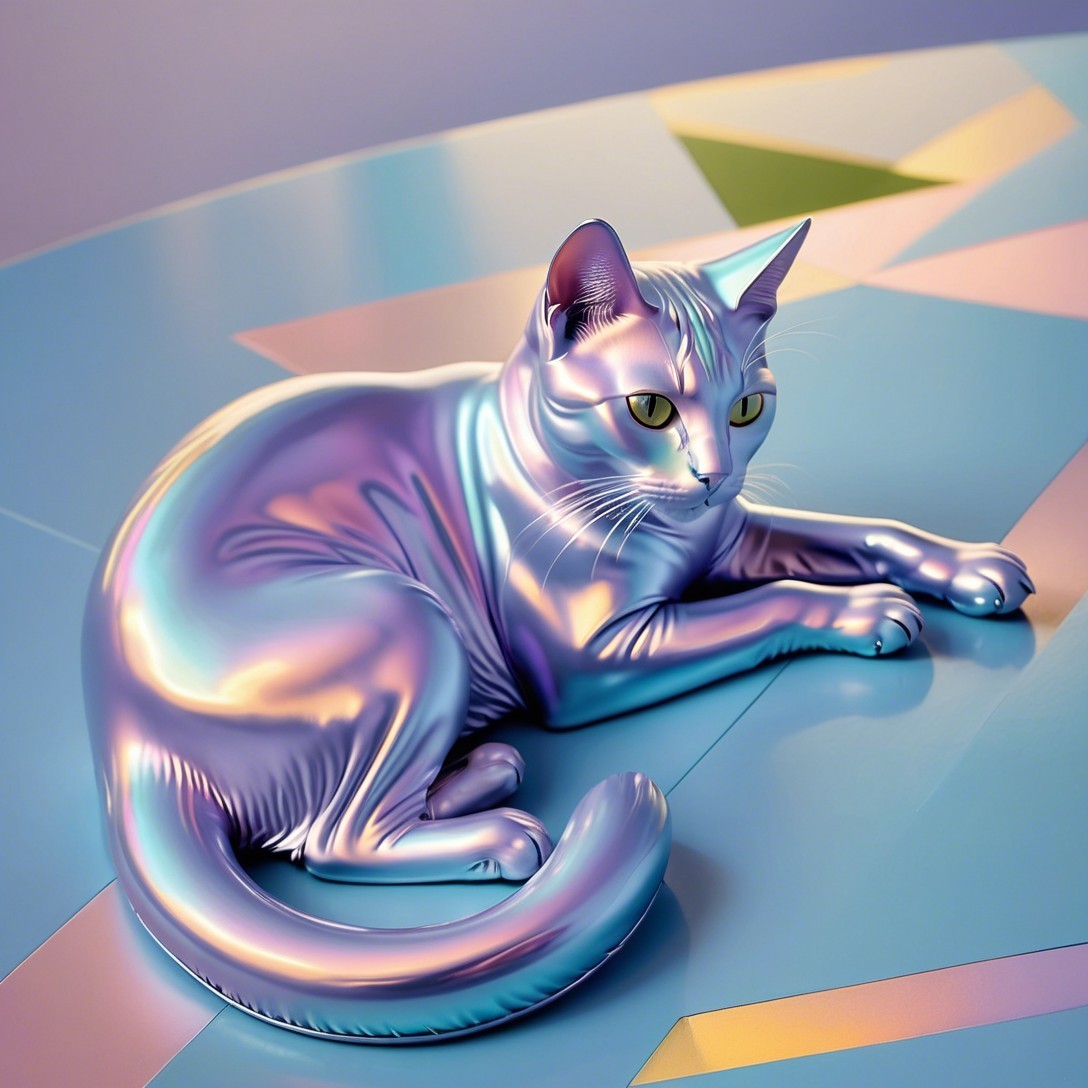 Sleek Cat with Iridescent Coat on Geometric Surface