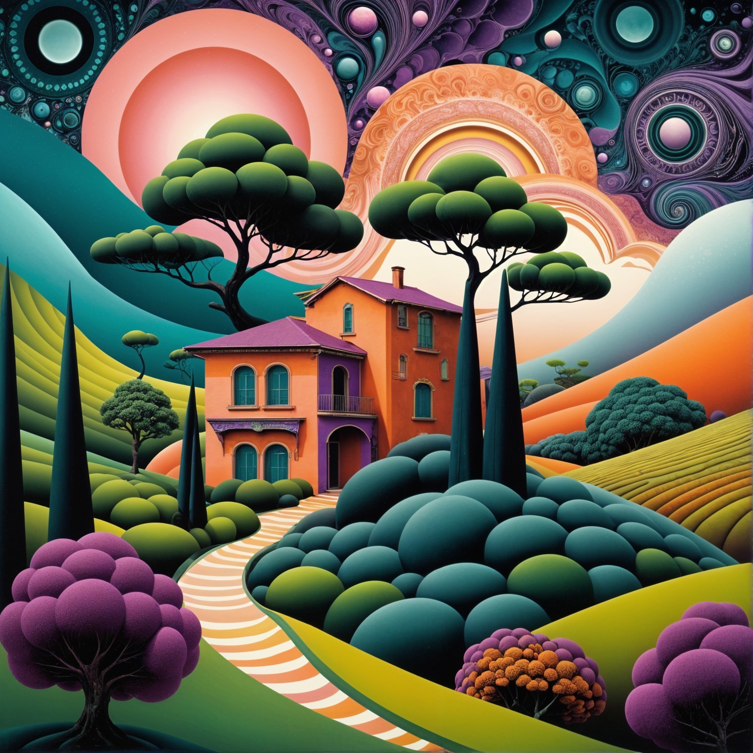 Surreal Landscape with Whimsical House and Colorful Sky