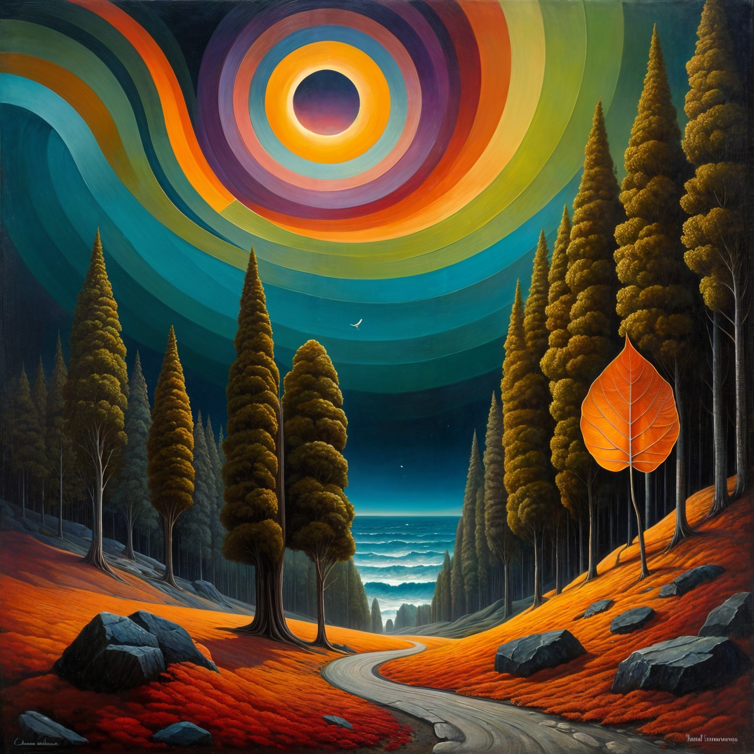 Vibrant Landscape with Winding Path and Solar Eclipse