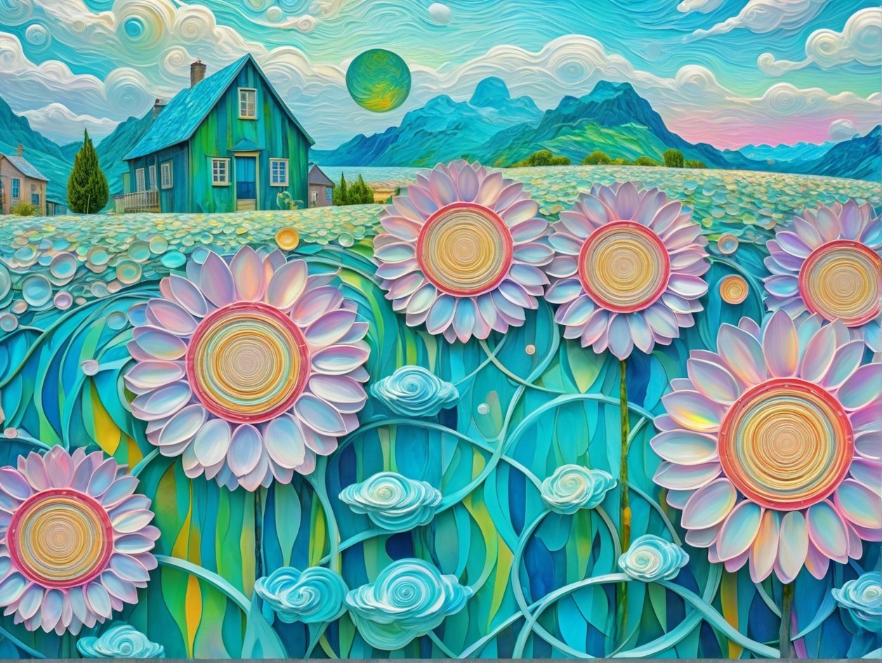 Whimsical Landscape with Blue House and Pastel Flowers